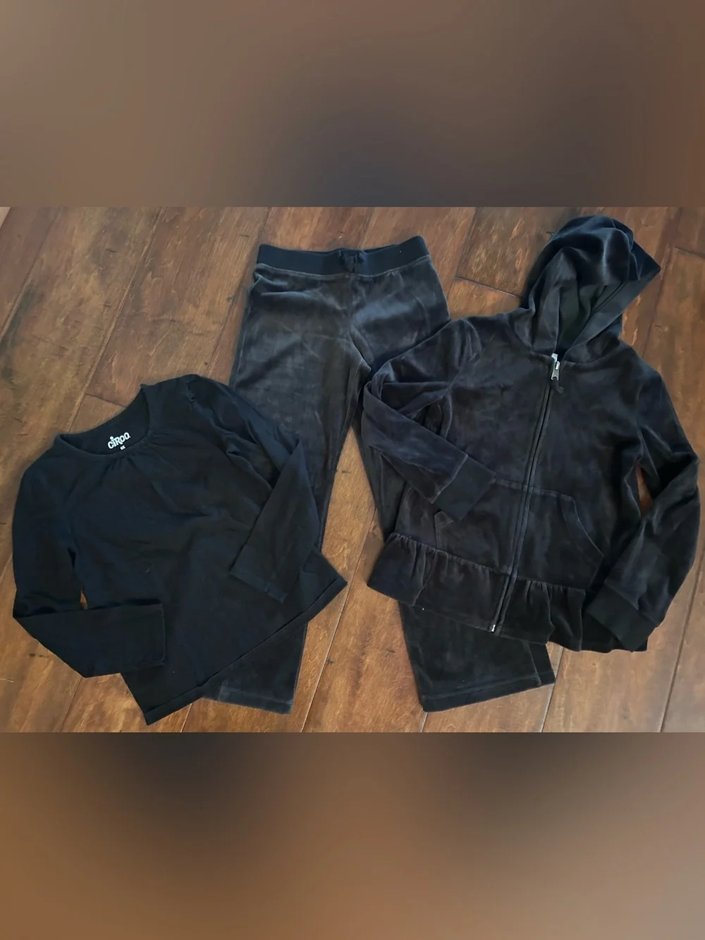 Size 6-8 Little girls Black velour pant and zipper top set with a black shirt
